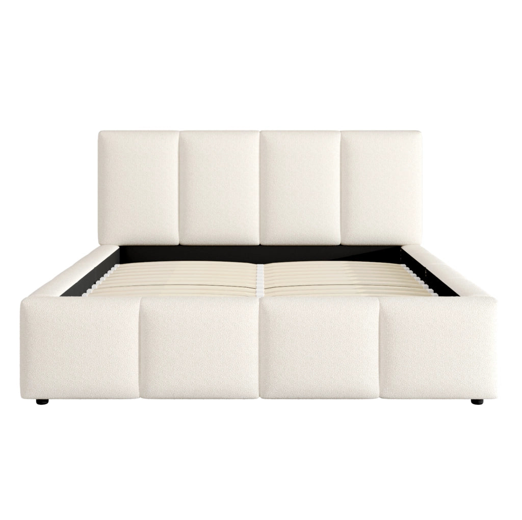 Letto matrimoniale imbottito 180x200 cm in tessuto bouclé beige con rete a doghe