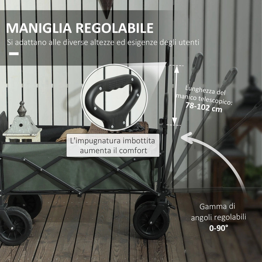 Carrello da Giardino 125x48x78-102 cm da 95L Pieghevole in Acciaio e Poliestere Verde