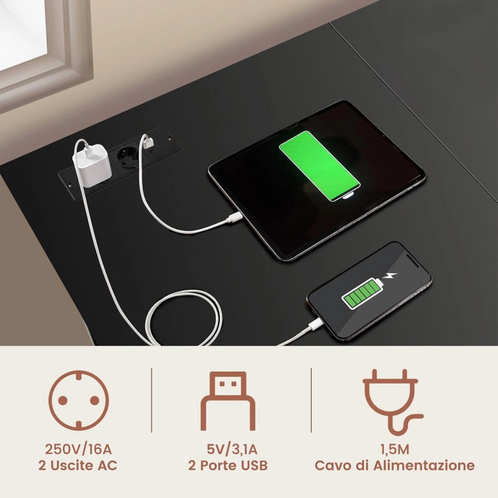 Scrivania Angolare da 120 CM, Scrivania a L per Ufficio a Casa con Prese di Corrente e Porte USB, Postazione di Lavoro con Ripiani per Lavoro, Gaming e Studio (Nero)