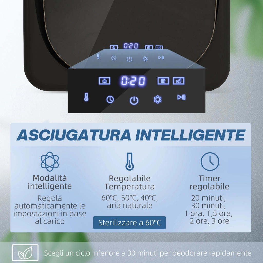 Asciugatrice ad Aria 48x40x56 cm Carico 4kg con Timer e Programma Smart in Acciaio Inox e ABS Nero
