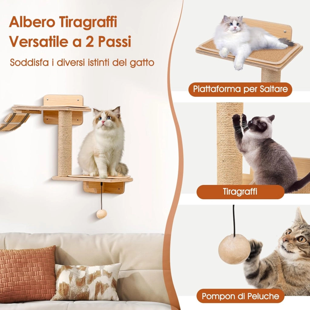 Mobili da Parete per Gatti da 6 Pezzi, Mensole per Gatti a Muro con Amaca, Ponte, Albero a 2 Livelli, Piattaforme, Gradini, Tiragraffi e Gioco Pensile, Arrampicatore da Interno (Modello 3)