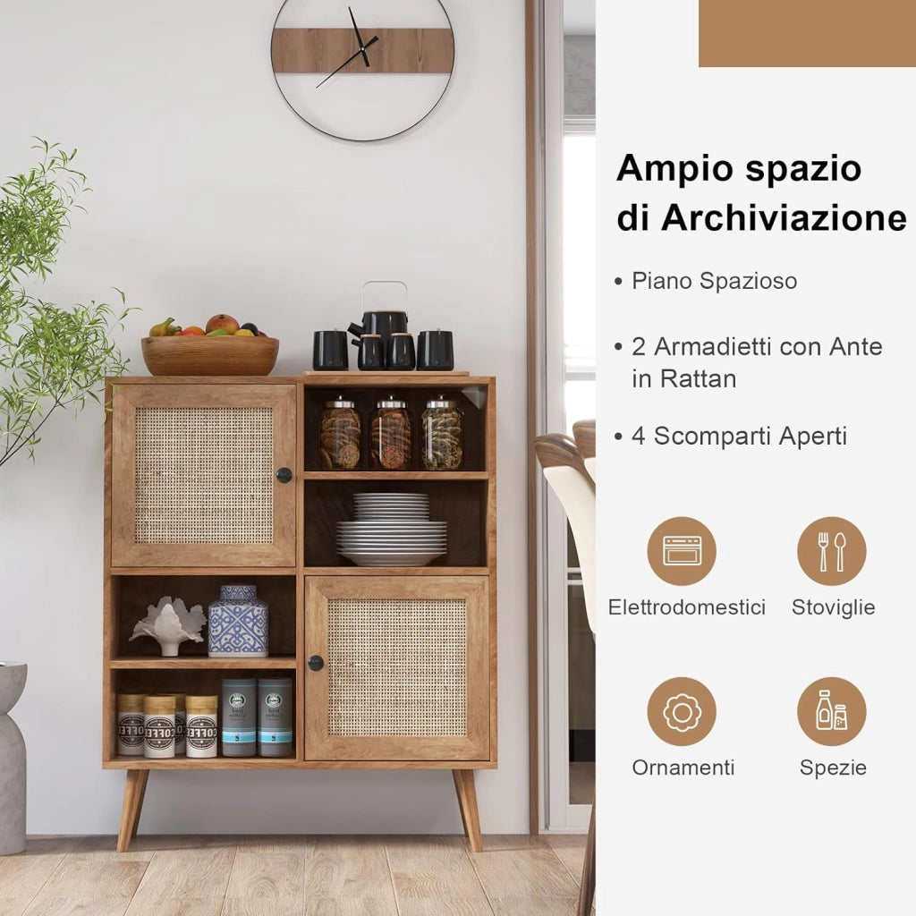 Credenza con 2 Ante in Rattan Naturale, Mobiletto Multiuso in Stile Boho con 4 Scomparti Aperti, Mobile da Cucina, Sala da Pranzo e Soggiorno, Naturale, 80 x 29,5 x 97 cm