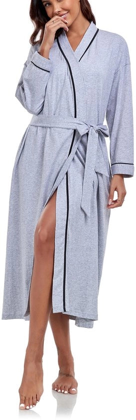 Badjas per Donne in Cotone Lungo con Tasche con Cappuccio Elegante per Sauna Kimono (Grigio, M)