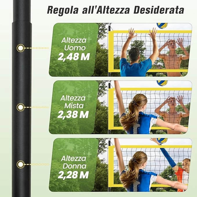 Rete da Pallavolo per Esterni Portatile, Rete con Pali Regolabili in Altezza, Anti-Afflosciamento, Pallavolo, Pompa, Martello, Linea di Confine e Borsa, per Giardino e Spiaggia
