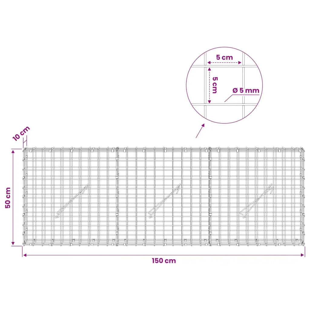 Gabione con filo da 5 mm e rete da 5x5 cm 150x10x50 cm 3463941