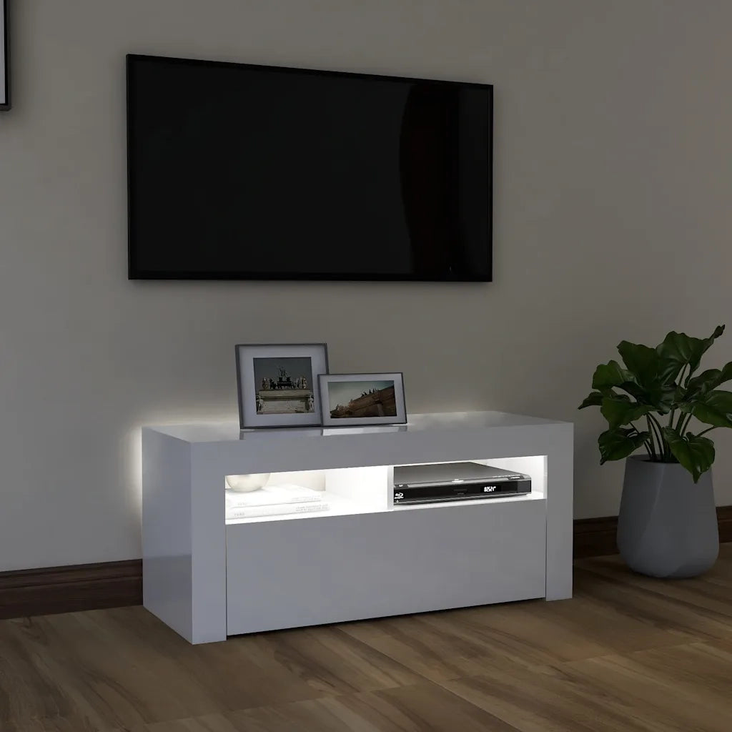 Mobile Porta TV con Luci LED Bianco Lucido 90x35x40 cm 804325