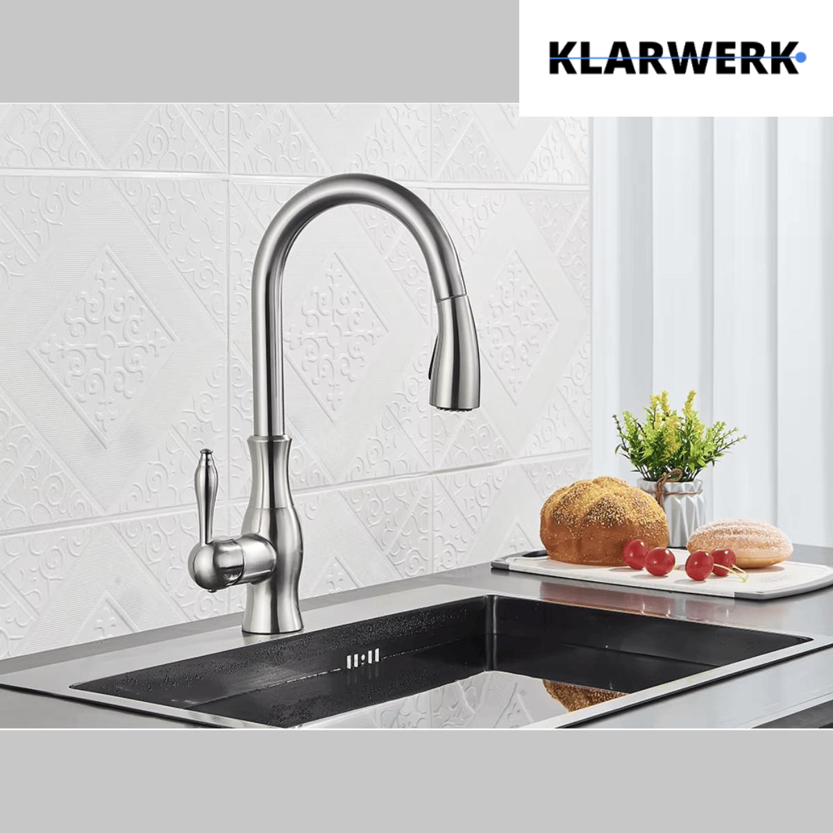 NAVIS | Elegante rubinetto cucina estraibile in acciaio inox argento, arco alto, miscelatore di lusso, alta pressione, 360°, 2 attacchi