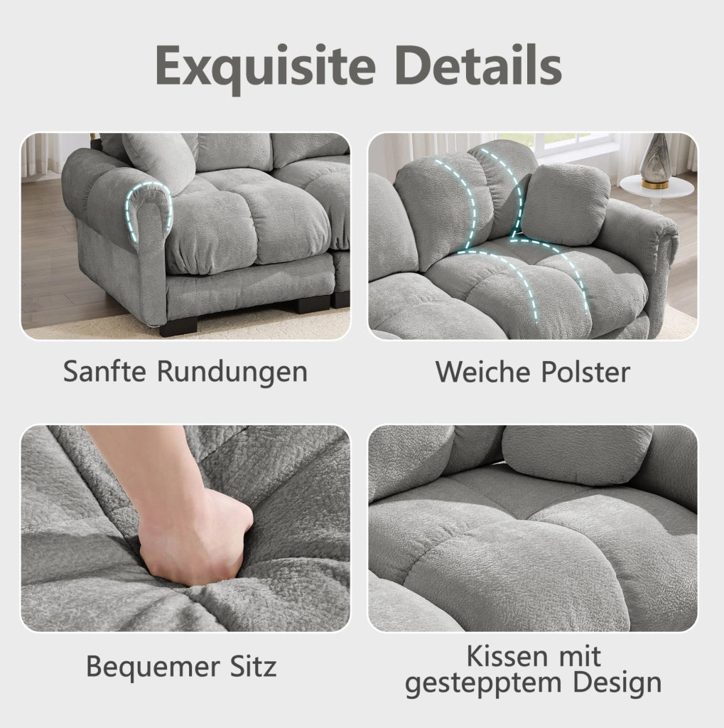 Divano modulare in chenille grigio chiaro 260x149x90 cm; configurazione a U o L con pouf mobile