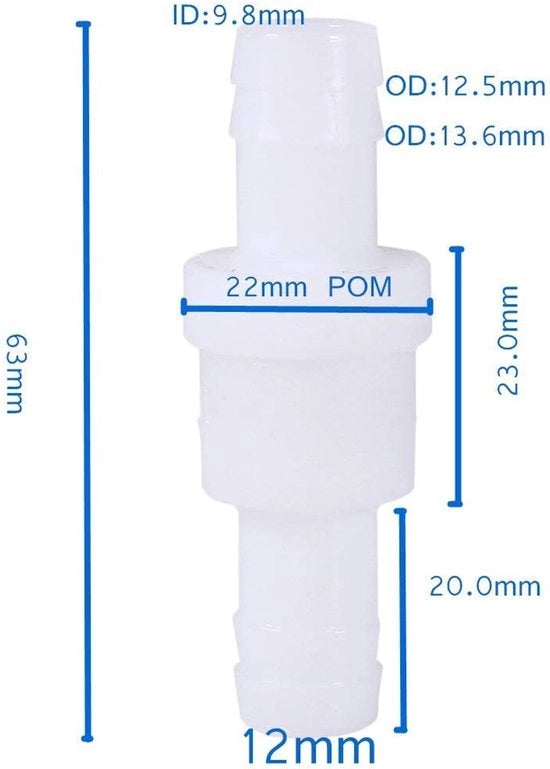 Terugslagklep unidirezionale in plastica 12 mm - Inline - Adatto a acqua, benzina e oli - Sicuro e non tossico - Valvola di ritorno