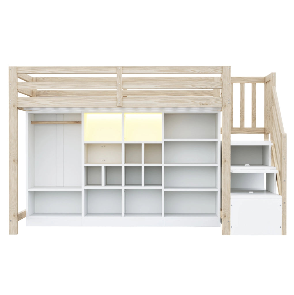 Letto a soppalco 90 x 200 cm con scaffali; armadio; scala contenitore e LED; legno naturale e bianco