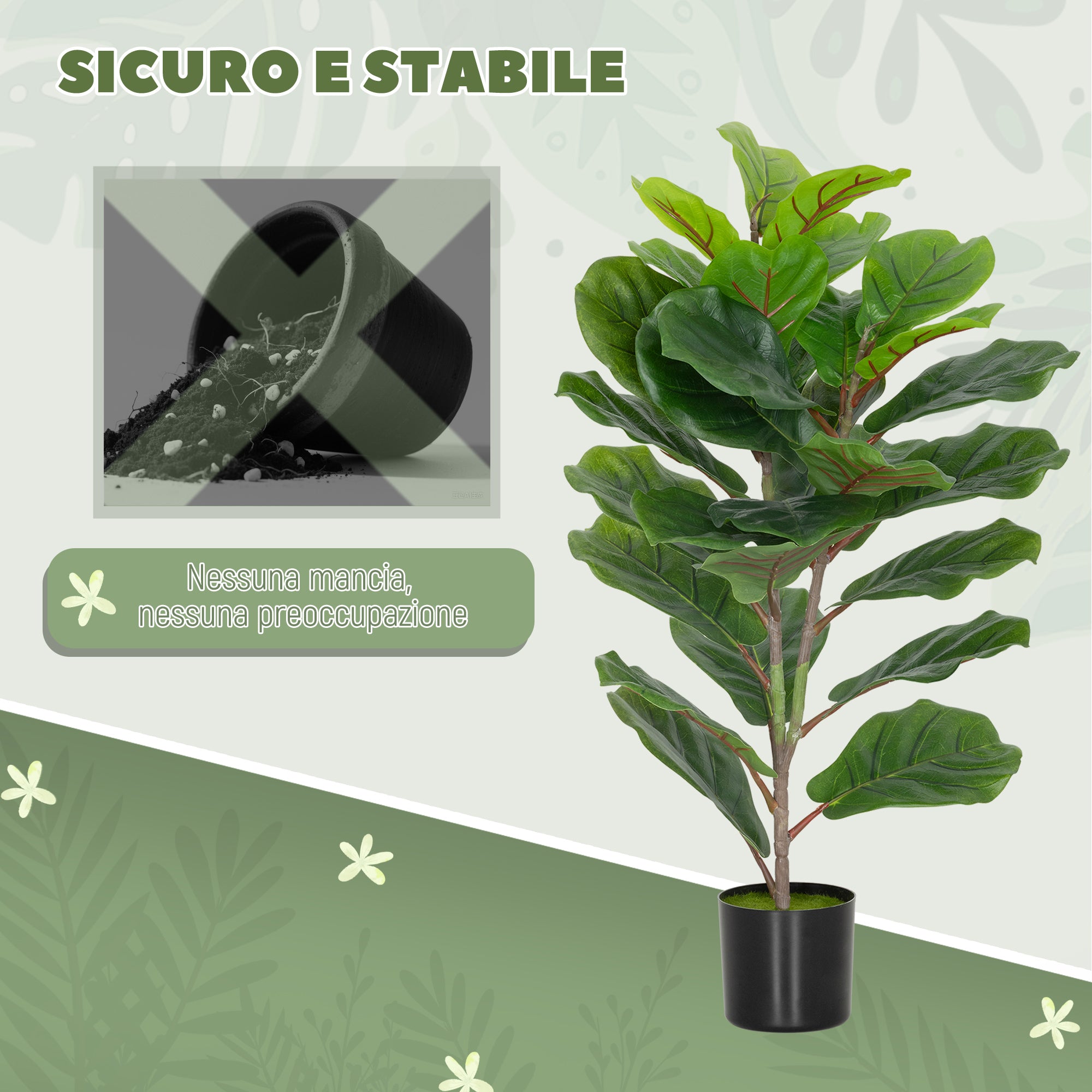 Pianta Artificiale Ficus Lyrata Alta 80 cm per Interni con Vaso in PEVA Verde
