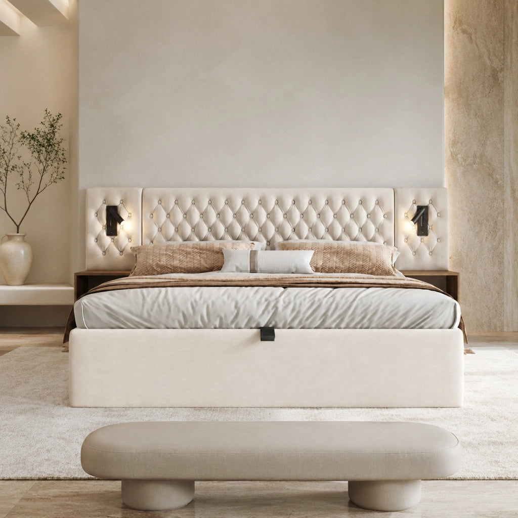 Letto matrimoniale contenitore 160x200 cm beige con comodini