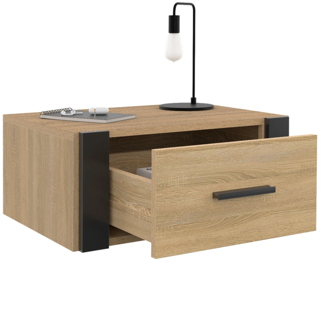 IDMarket - Lote de 2 mesillas de noche murales ONYX con estantes de madera y negros