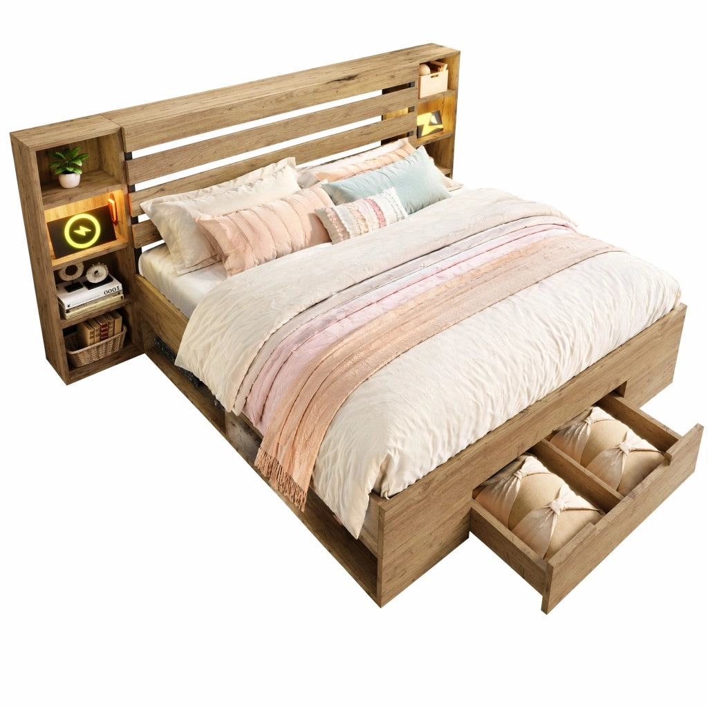 Letto matrimoniale 160x200 cm rovere con LED, USB-C, vano contenitore e cassetti