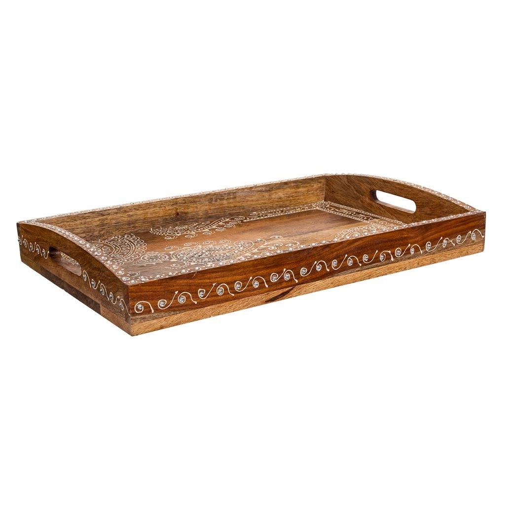 Vassoio in legno dipinto a mano bianco 43x29x6 h