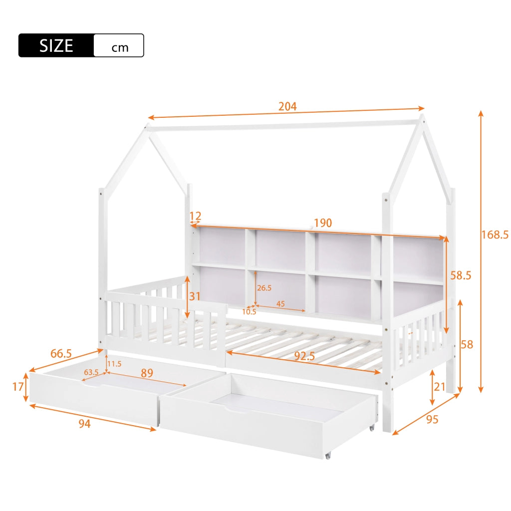 OKWISH Letto a Casetta 90×200 cm, Letto Singolo con Mensole e 2 Cassetti, Sponda, senza Materasso, in Legno Massello, Bianco