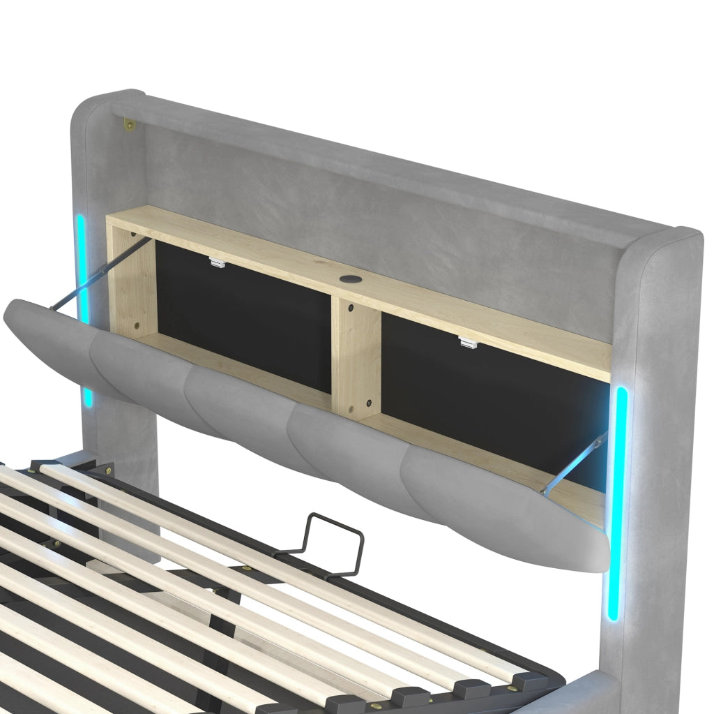 Letto imbottito ULEVR 140x200 cm con contenitore idraulico, LED, USB e Type-C, velluto grigio