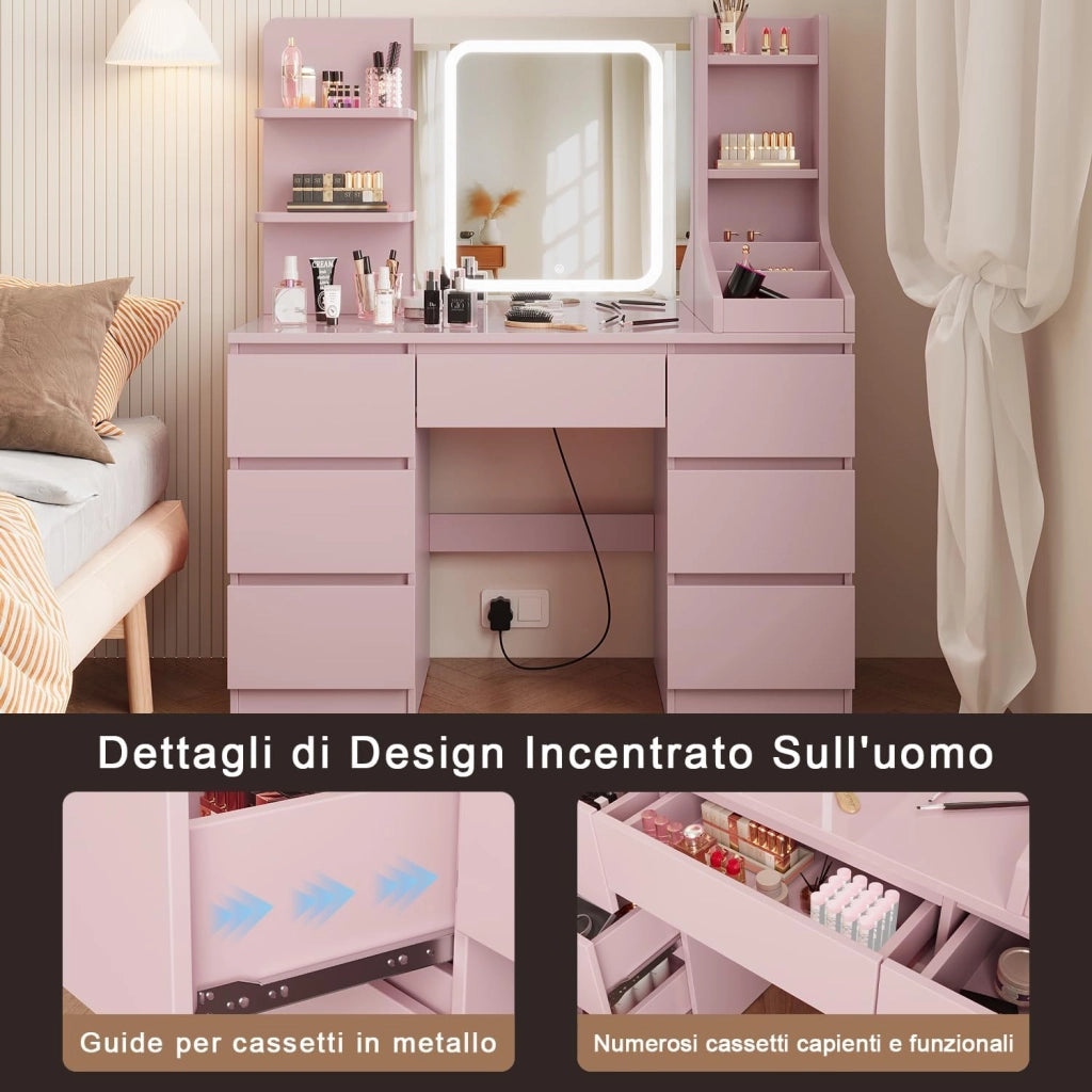 Toeletta da Trucco con 7 Cassetti, Postazione Trucco con Specchio a LED, Luminosità Regolabile,Tavolo da Toeletta con 4 Ripiani Aperti,per la Camera da Letto (Rosa)