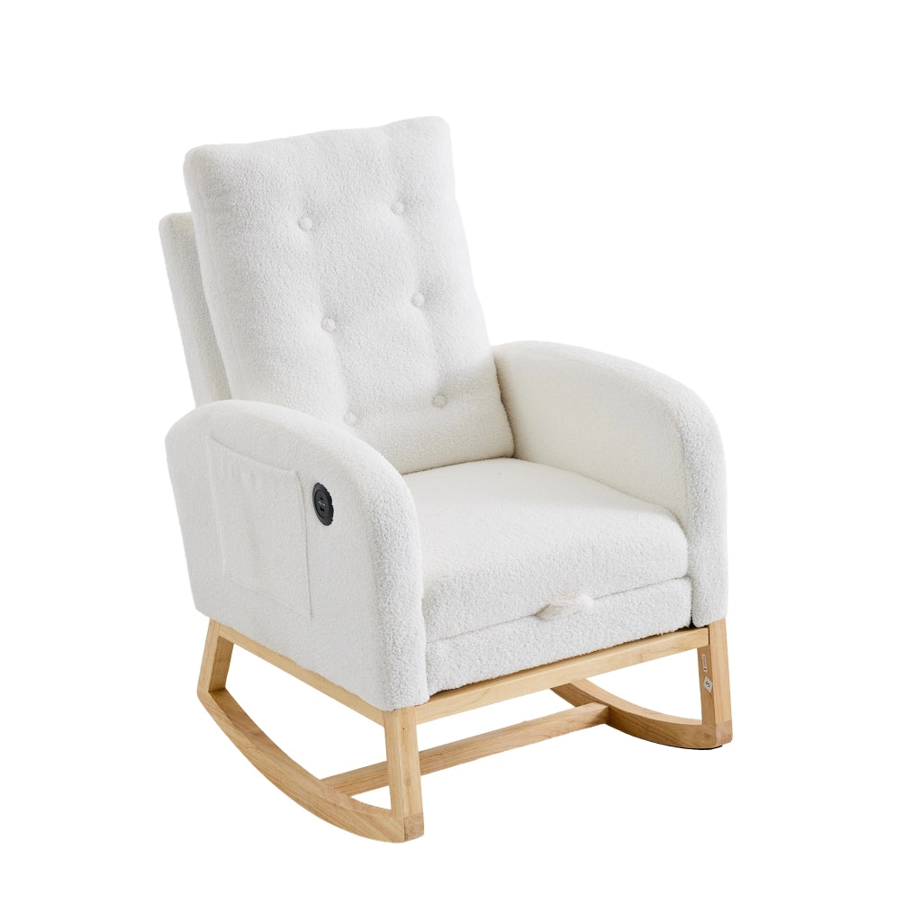 Sedia a dondolo in boucl¨¦ bianco con braccioli, tasche laterali, poggiapiedi estraibile e porte USB/USB-C, 66,5 x 121,5 x 102 cm