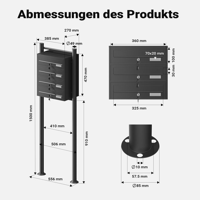Cassetta postale condominiale autoportante 4 posti, 1 modulo, nero 556 x 270 x 1500 mm