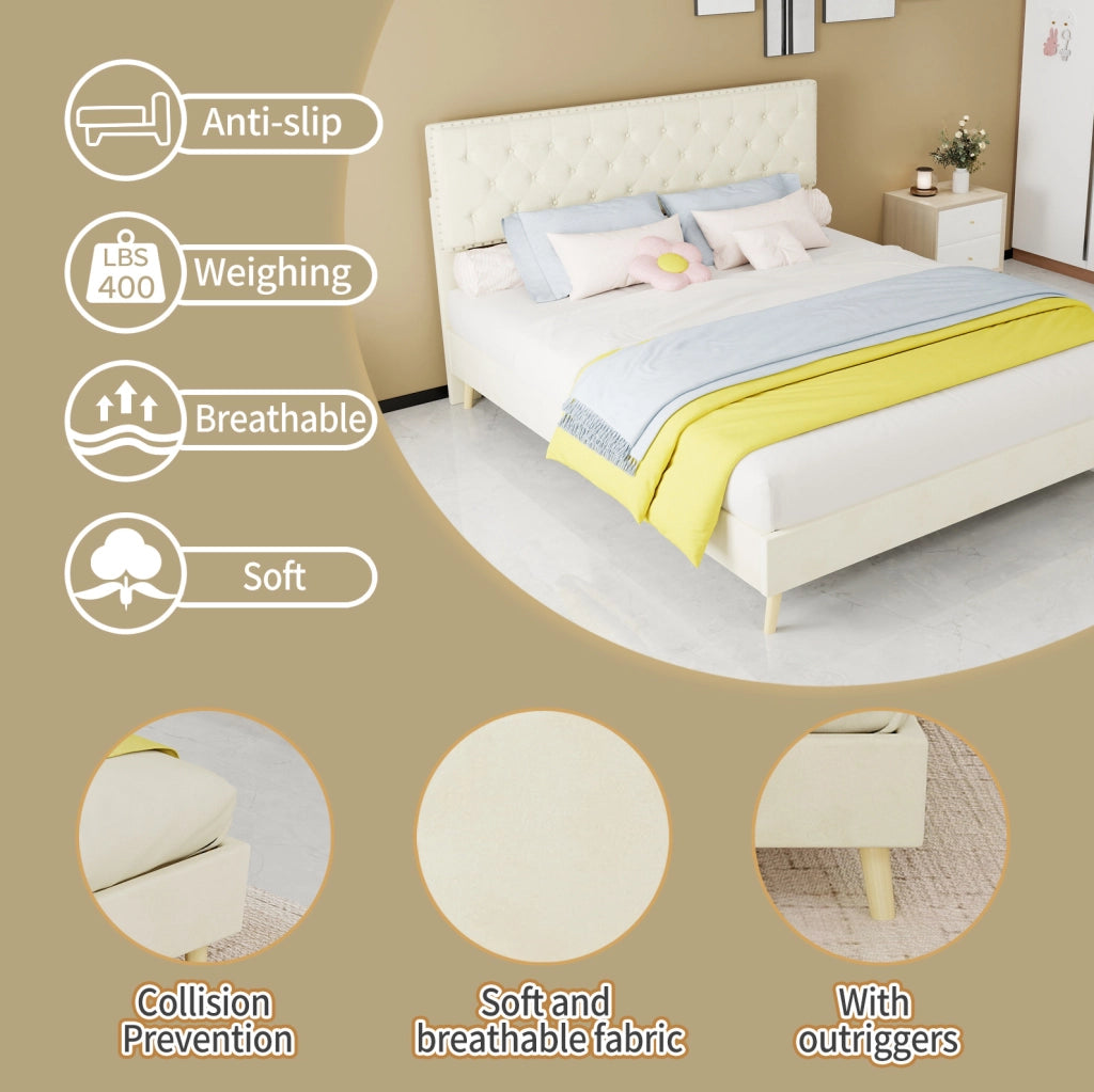 Letto matrimoniale 160x200 cm in velluto beige con testiera alta e struttura in metallo