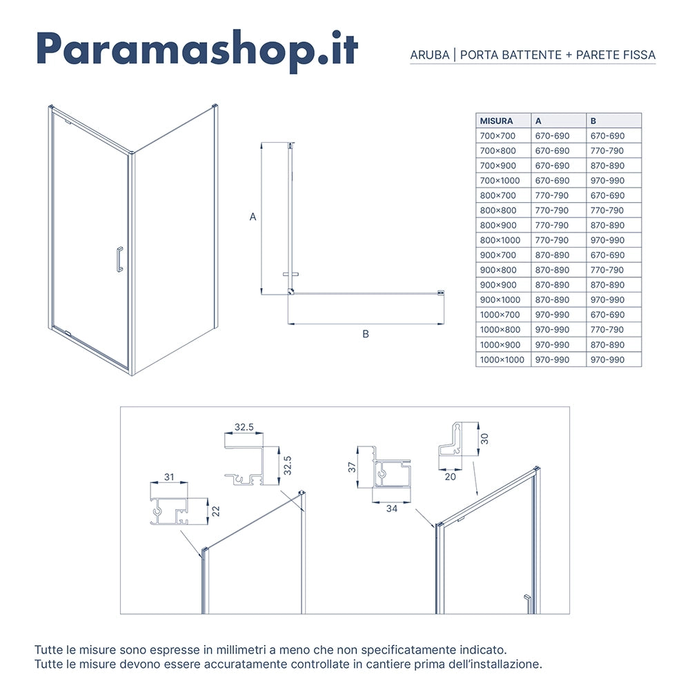 Box doccia 80x100 cm con apertura a battente vetro 6mm trasparente h195 cm | Aruba