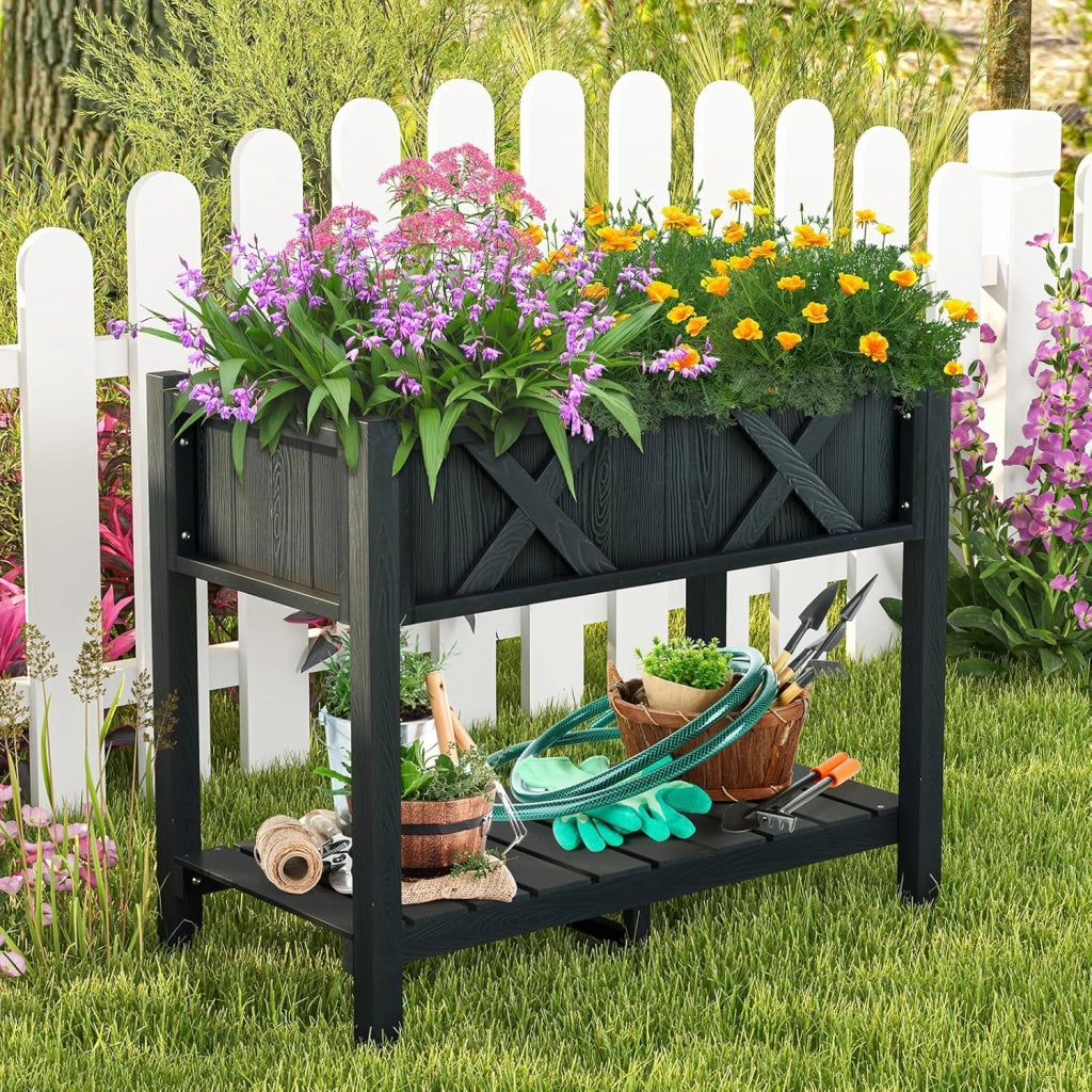 Fioriera Rialzata da Esterno, Letto da Giardino con Piano di Appoggio Impermeabile alle Intemperie e Fori di Drenaggio, Aiuola Rettangolare per Fiori, Erbe, Verdure e Frutta