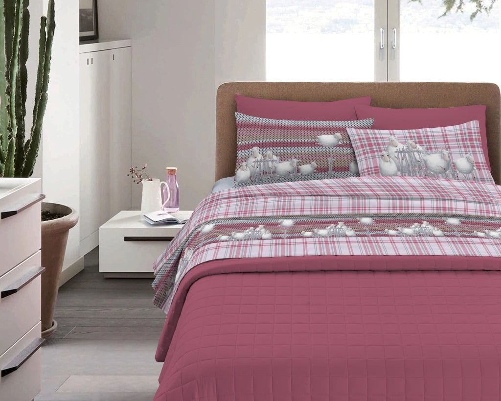 Completo Letto in Flanella Calda e Morbida Anti Pilling - Set Flanellato 3 Misure parure con Federe - Pecorelle rosa - 1 Piazza e mezza