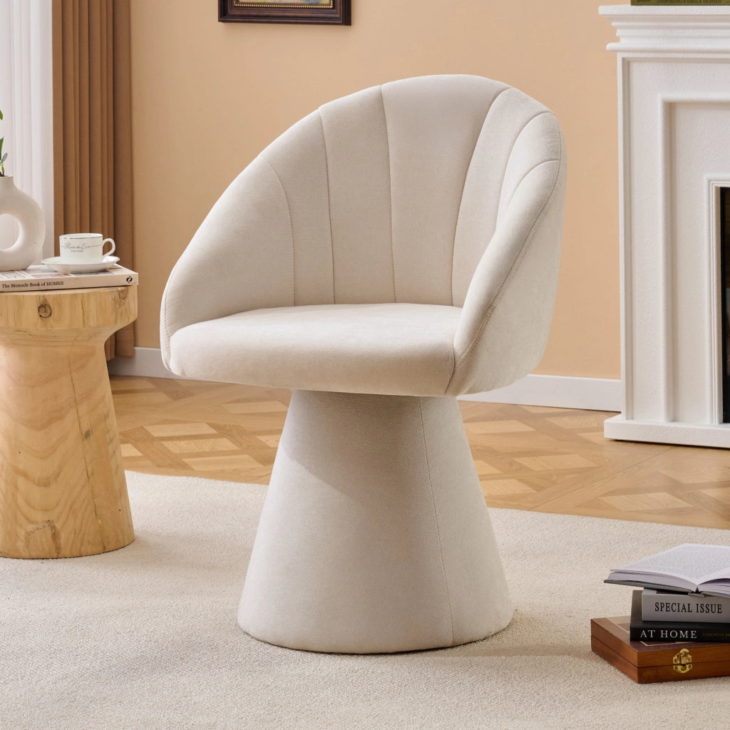 Chaise girevole 360° in tessuto chenille con schienale ergonomico, braccioli integrati e base stabile in legno beige