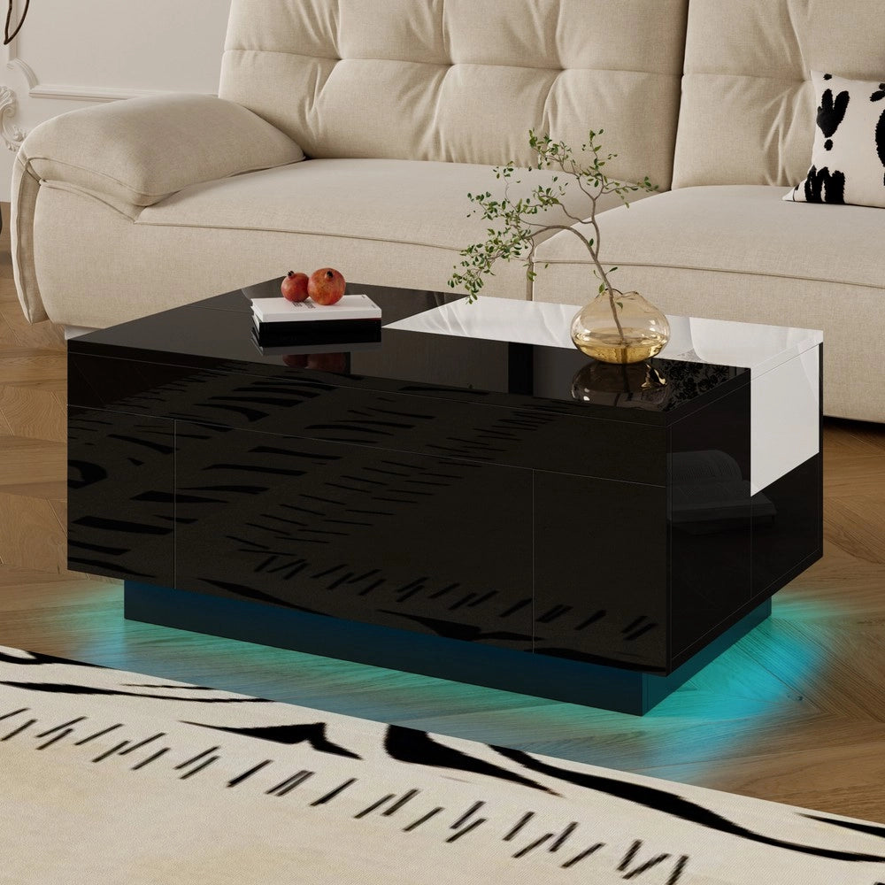 Tavolino da Salotto con LED e Piano Estraibile ¨C MINIMAL ¨C Bianco/Nero, Lucido, con Vano Contenitore