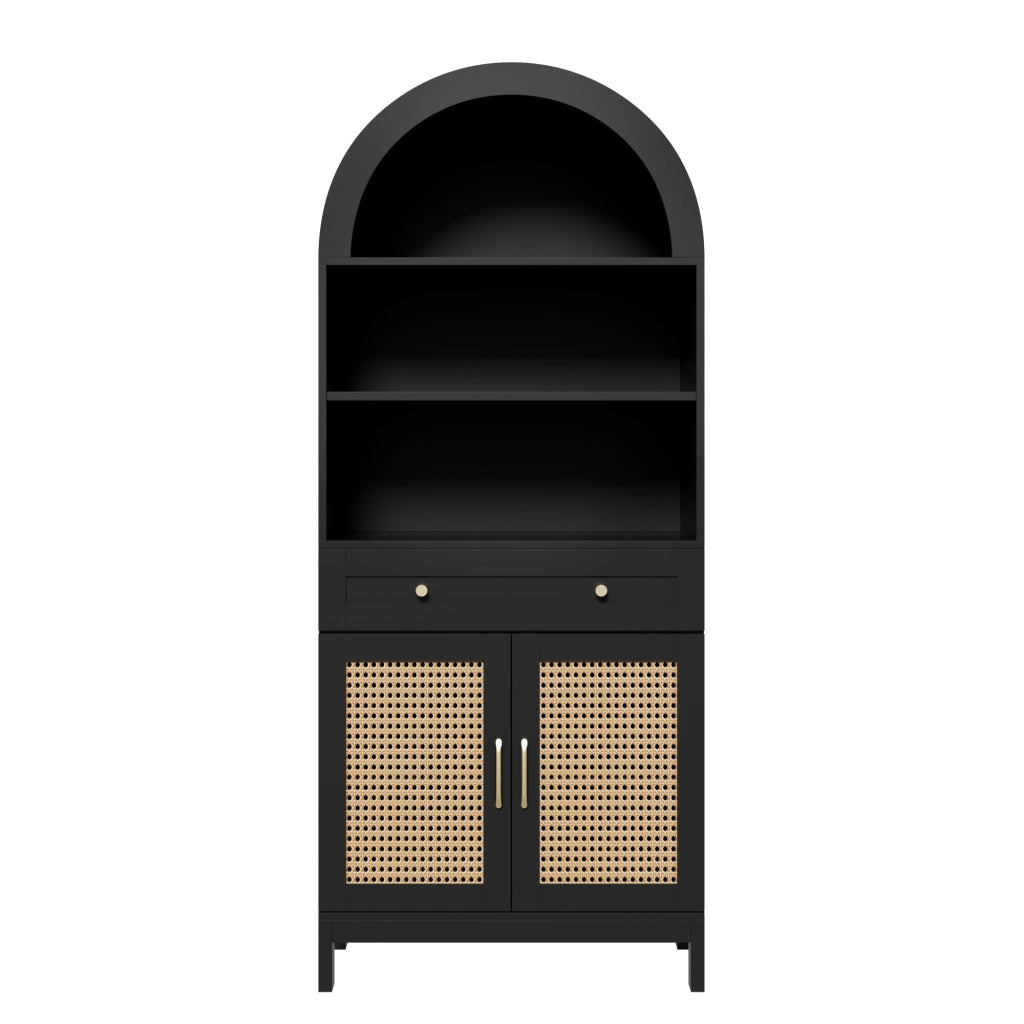 Vetrina, libreria, mobile, ante in vimini, 3 ripiani, con cassetti, 70 x 40 x 170 cm, nero