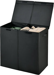 Cesto Portabiancheria Sporco da 115 L con Coperchio, Cesta Portabiancheria da 2 Scomparti Divisi con Maniglie, Cesta Biancheria in Tessuto per Camera Bagno, 62x31x60 cm, 2 Colori (Nero)