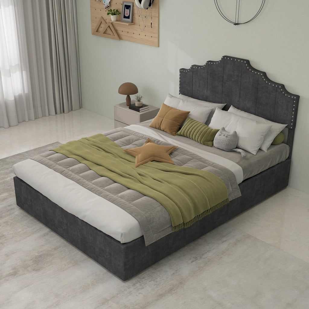 Letto Matrimoniale 140x200 cm; Letto con Materasso; Testiera Geometrica in Velluto Grigio