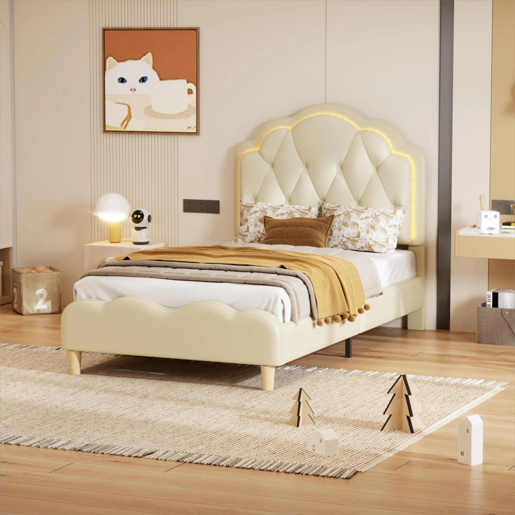 Letto per Bambini Letto Singolo con LED Multicolore e Testiera Ondulata 90×200 cm; senza Materasso; PU; Beige