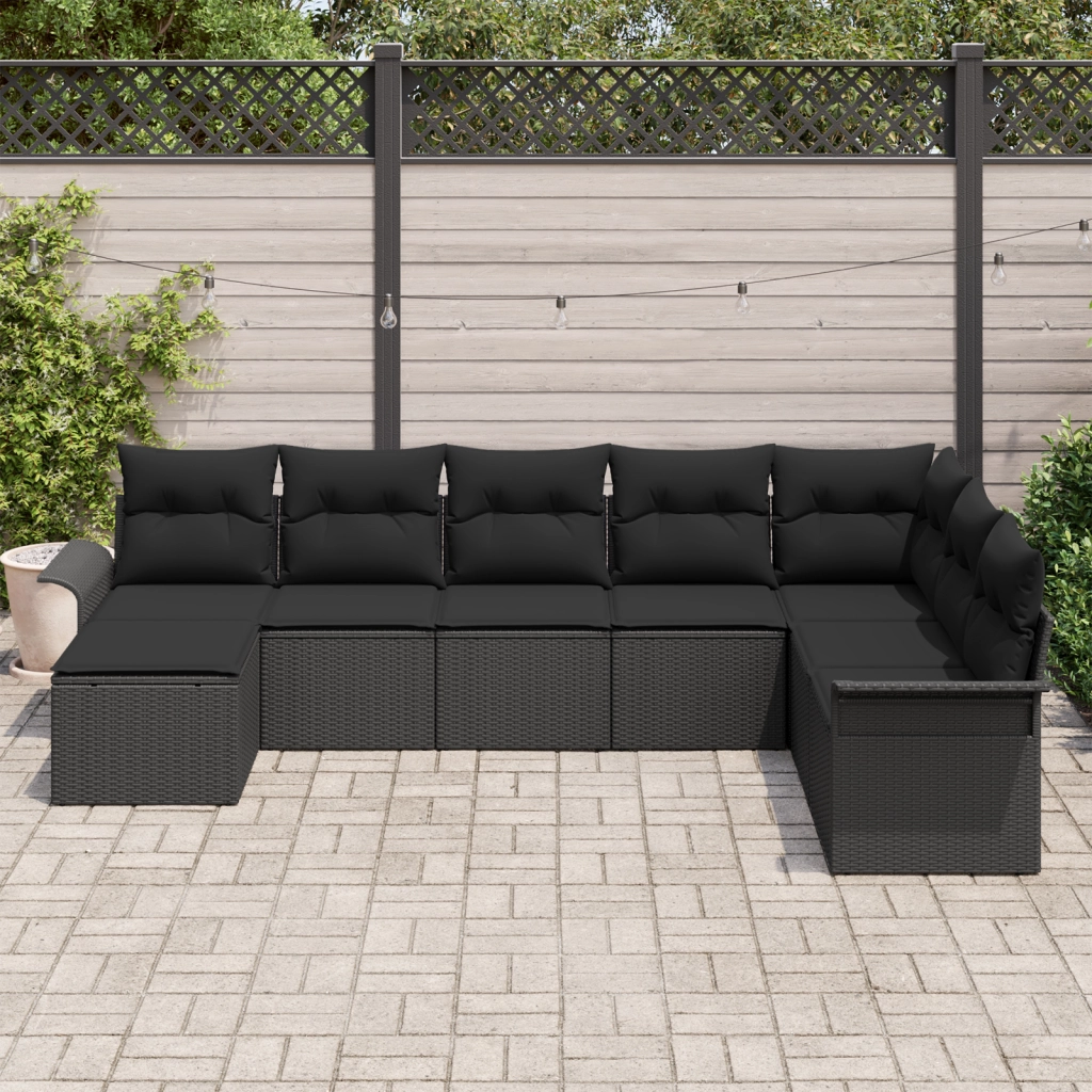 Set da giardino con 8 pezzi e cuscini neri in rattan