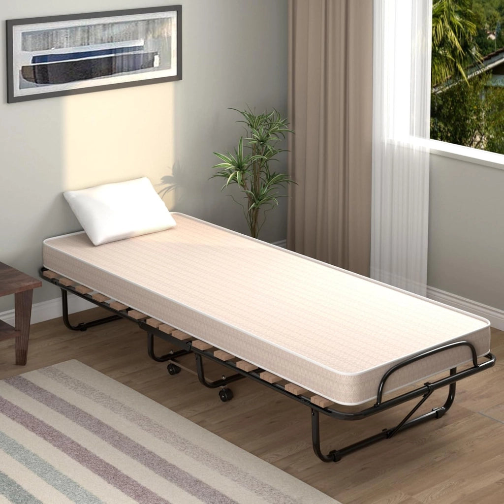 Brandina Pieghevole con Materasso, in Memory Foam, Struttura Resistente e 4 Ruote Girevoli, Lettino Pieghevole per Casa Ufficio, 190x80x33 cm (Beige)