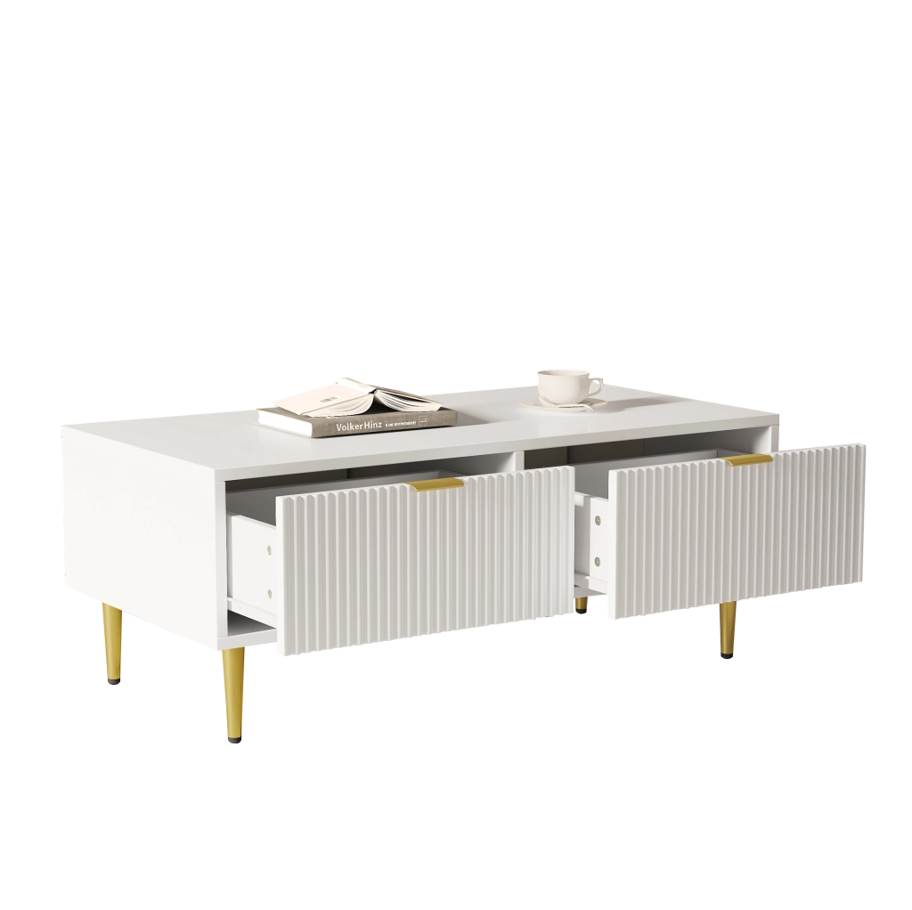 Tavolino da caffè bianco 100x50x40 cm con 2 cassetti; dettagli oro; MDF
