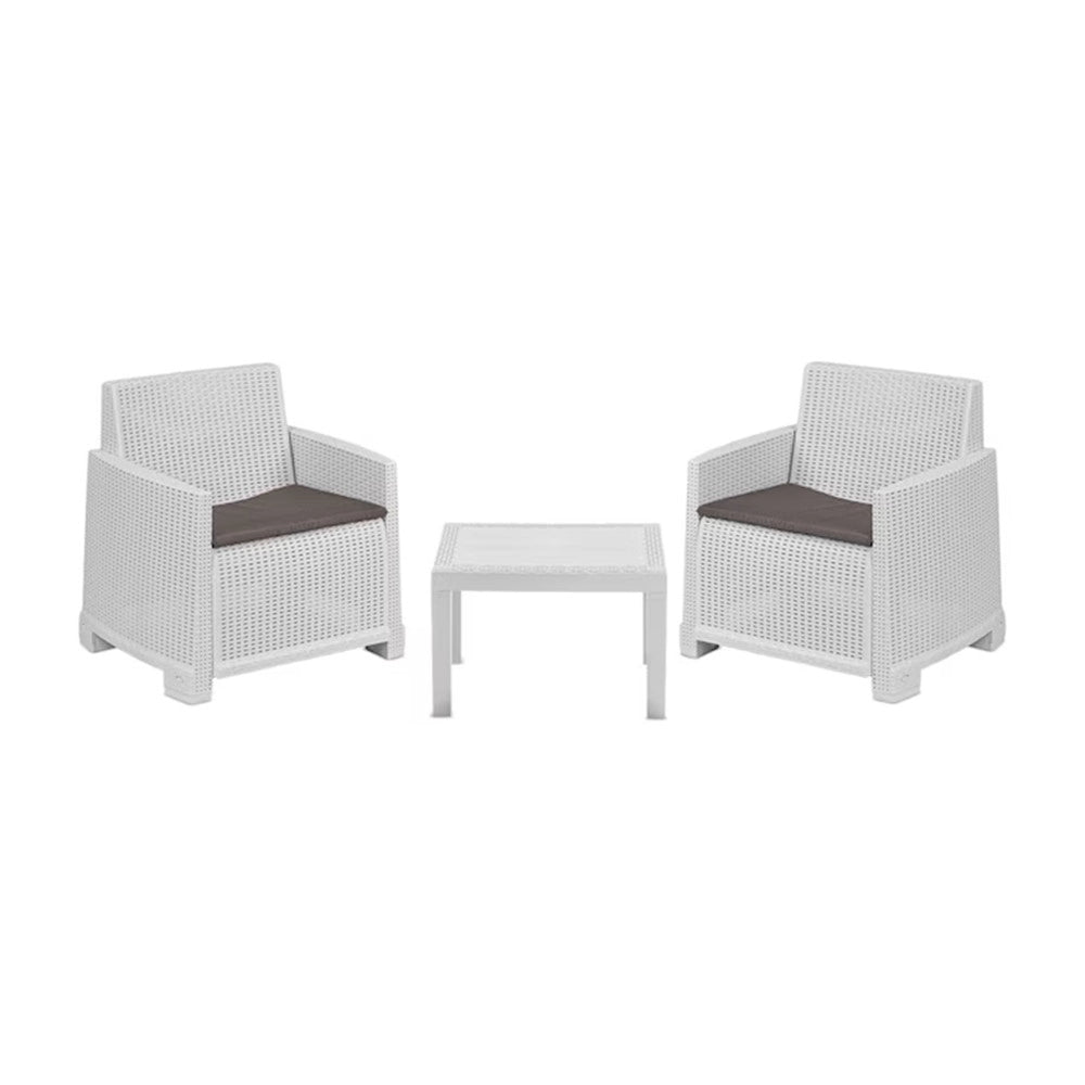 Trade Shop - Set Salotto Da Giardino Con 2 Poltrone Cuscini Tavolino In Polipropilene Effetto Rattan - Bianco