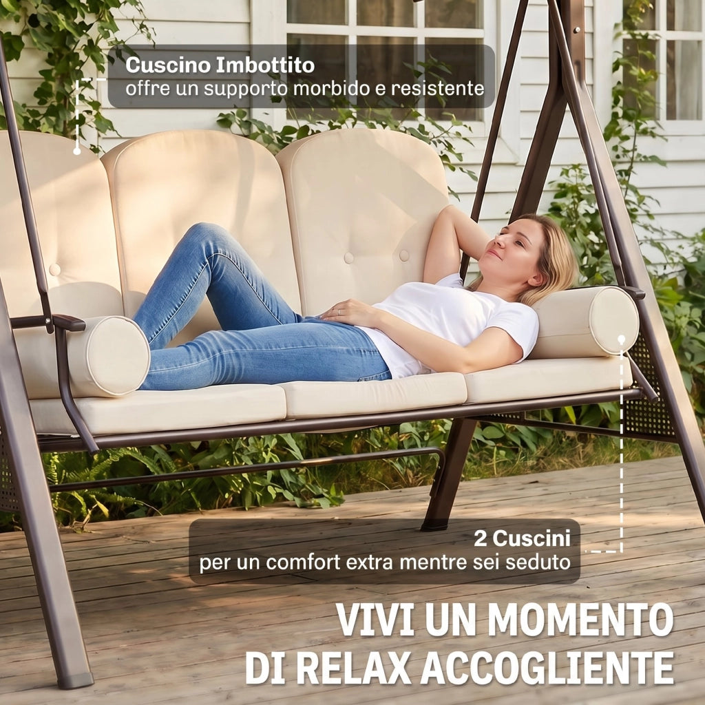 Dondolo 3 Posti per Esterno con Cuscini e Portabicchieri ¨C zephmum ¨C Beige, Metallo e Poliestere, 208x121x172 cm