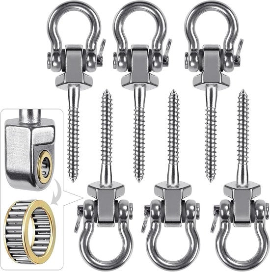 Set di attacchi per sospensioni con cuscinetti - 6 viti di fissaggio in acciaio inox per sdraio, altalene, lettini, sacchi a pelo - utilizzo interno ed esterno - capacità di 680 kg