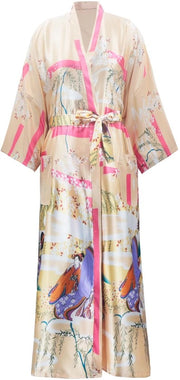 Kimono Badjas Donna Lungo 3XL Grandi Dimensioni Camicia da Camera Leggera Kimono Giapponese Yukata Sakura Ukiyoe Champagne