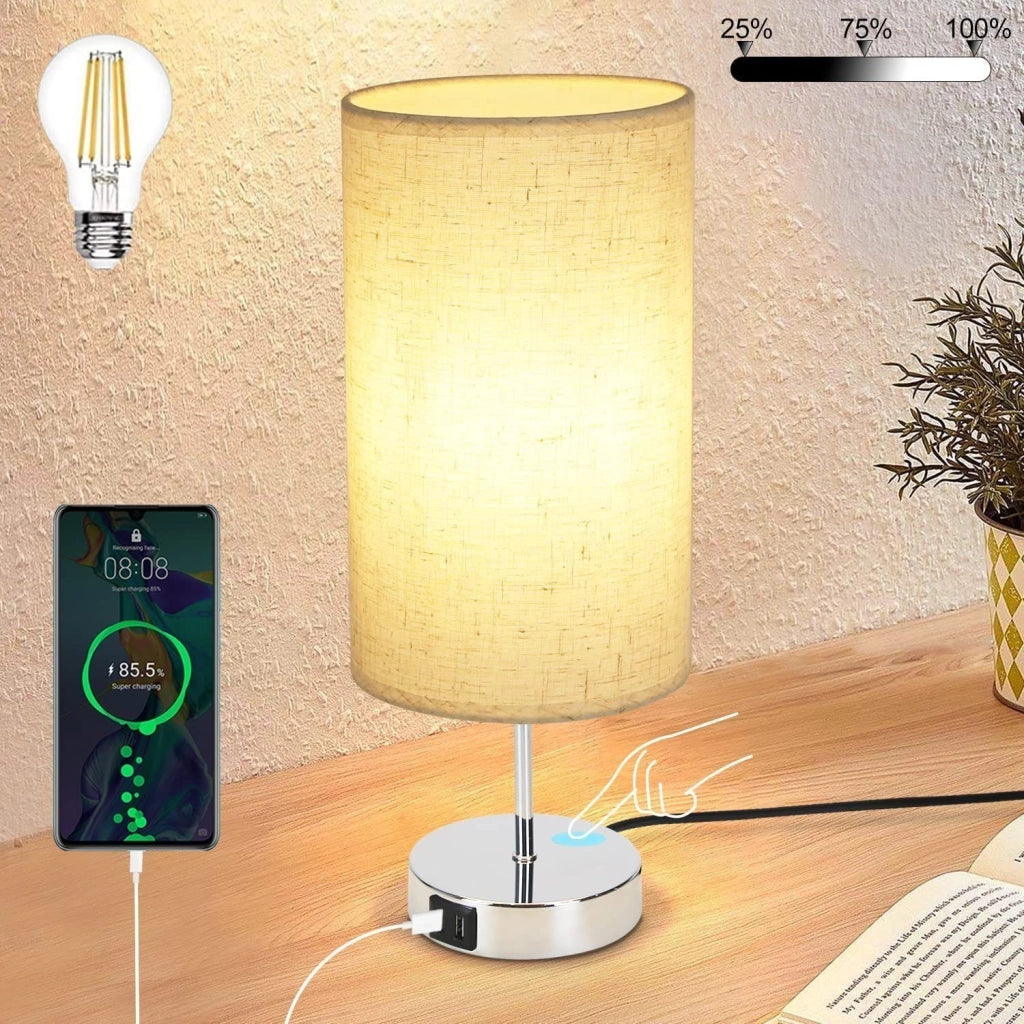 ZMH Lampada da tavolo touch dimmerabile USB ricarica paralume tessuto per comodino ufficio