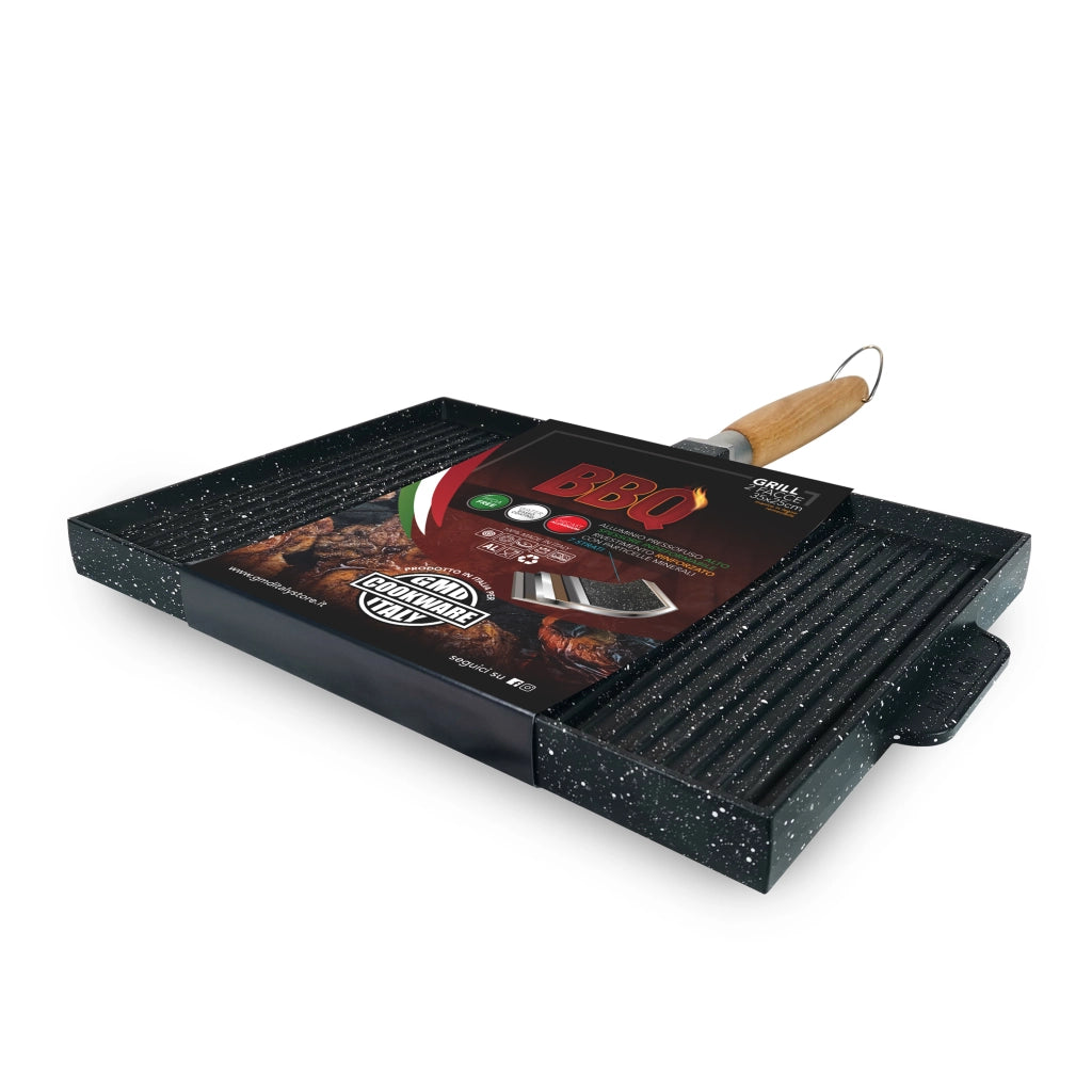 Grill Rettangolare 35x25 cm Antiaderente con Manico in Legno Pieghevole
