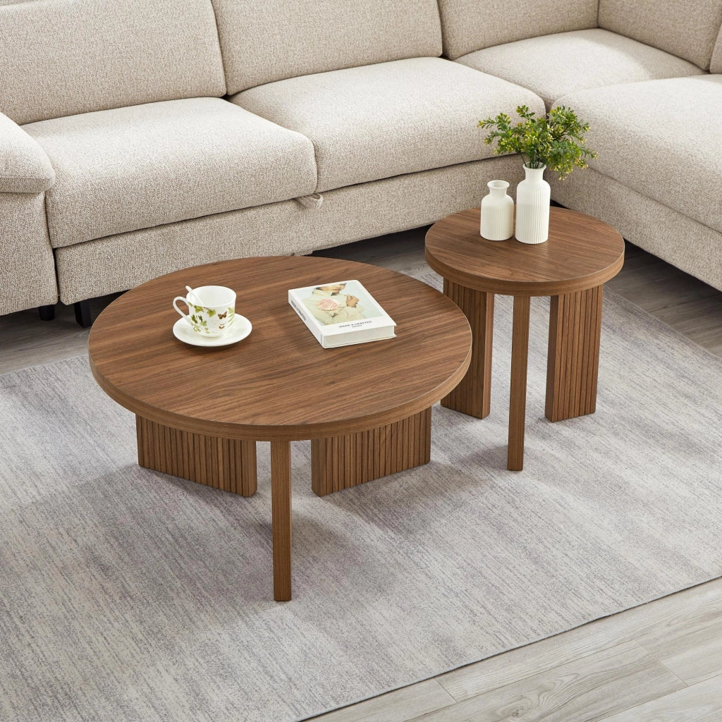 TAVOLINO DA CAFFÈ ROTONDO Set da 2 pezzi Noce MDF Struttura scanalata