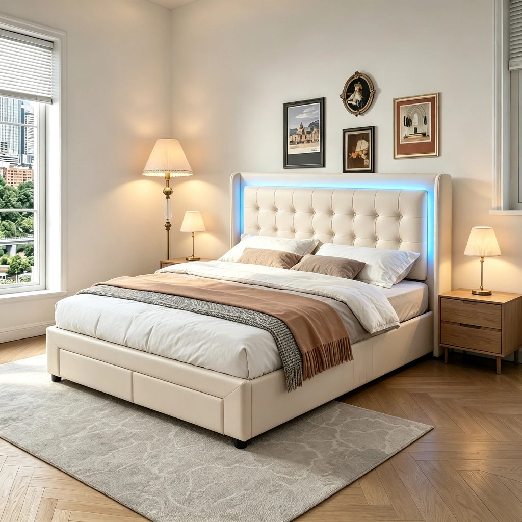 Letto contenitore matrimoniale 140x190 cm con  LED;Sollevamento idraulico e 2 cassetti;Velluto; beige