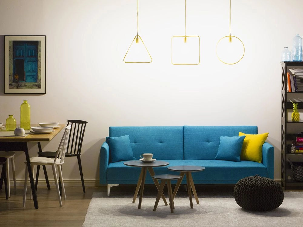 Divano Letto colore Blu Mare 3 Posti Seduta Con Bottoni meccanismo ʺClick Clackʺ in metallo