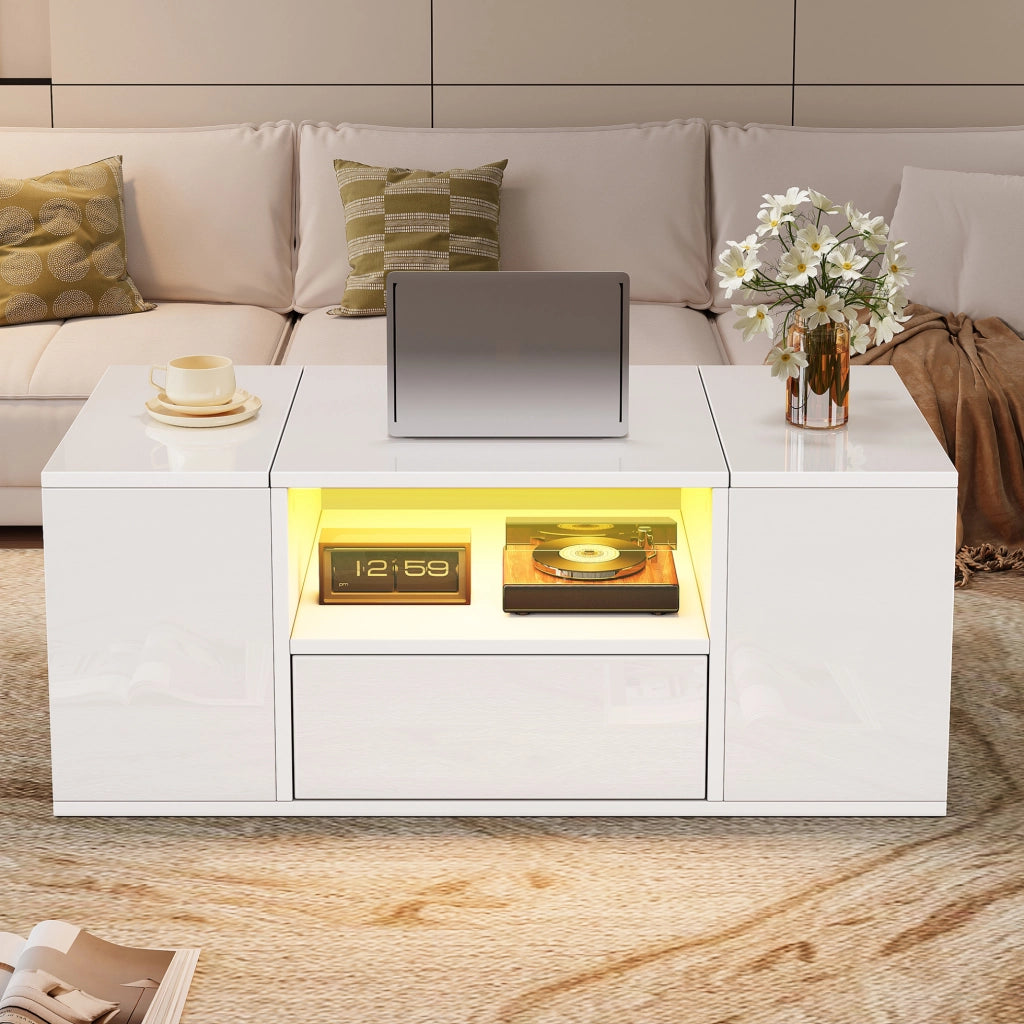 Tavolino da caffè 100x50x40 cm con LED e vani contenitore; truciolare; bianco