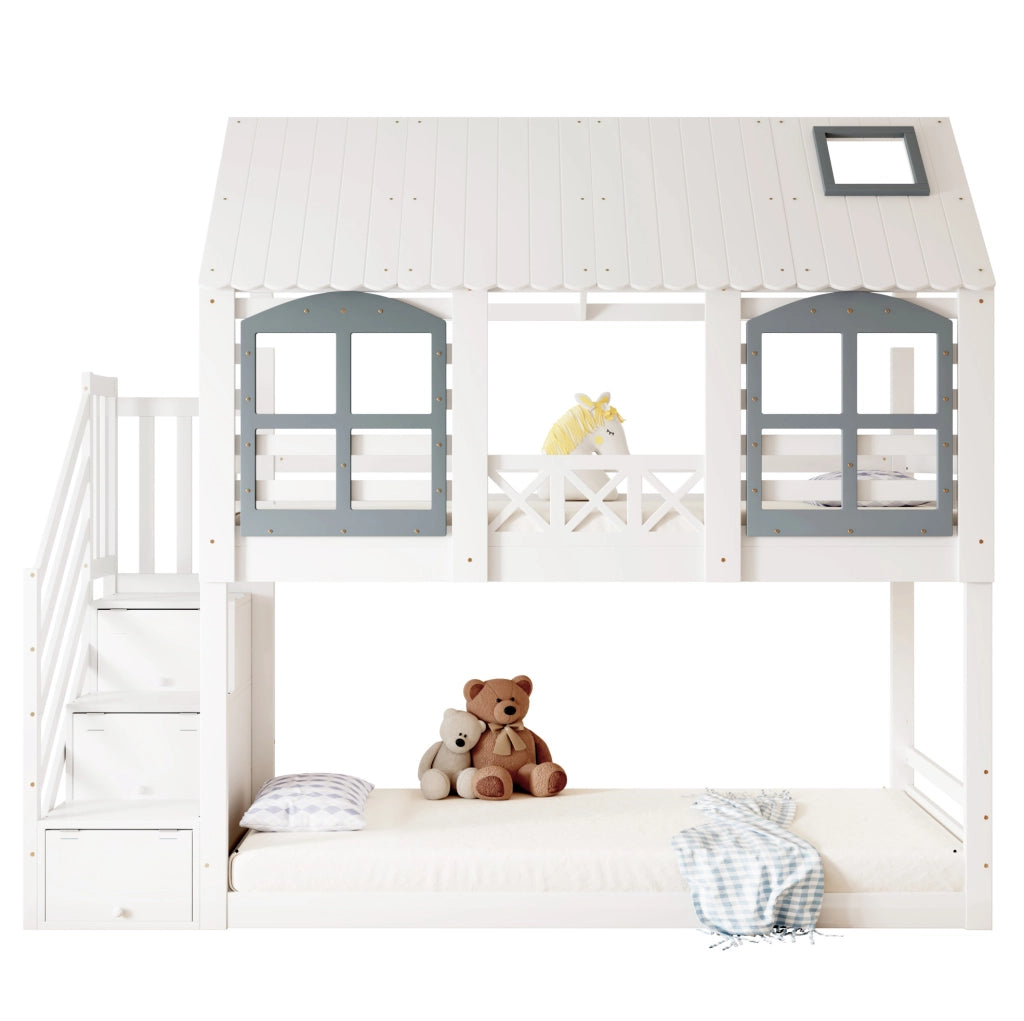 Letto a castello per bambini 90x200 cm con tetto, finestre e scala contenitore