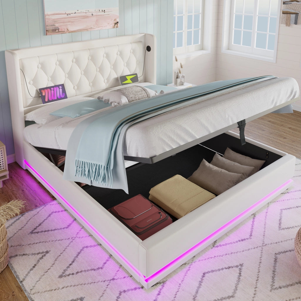 LETTO matrimoniale 140x200 cm in PU bianco con materasso e LED