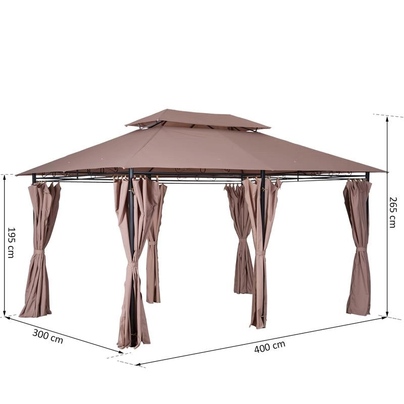 GAZEBO IN ACCIAIO CON DOPPIO TETTO E TENDE IMPERMEABILI COLOR CACHI 4 X 3 M